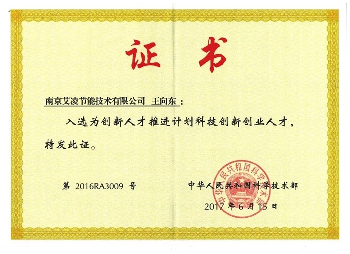 王向東.創(chuàng)新人才推進(jìn)計(jì)劃科技創(chuàng)新創(chuàng)業(yè)人才證書(shū)